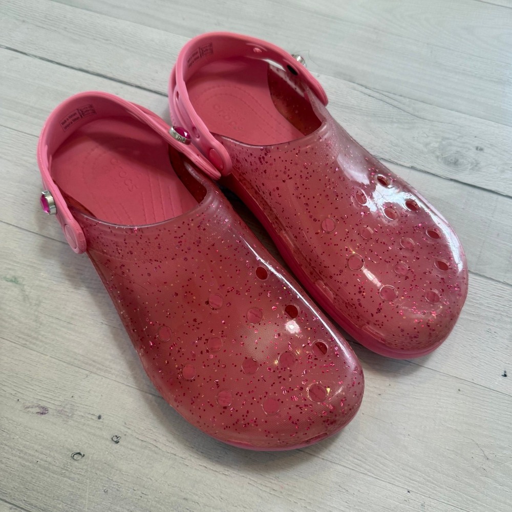 Crocs x benefit cosmetics adult classic clogs clear pink men's 9/womens 11